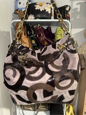 COACH ❀ LIMITED ED BROOKE #14340 INLAID C SUEDE TAUPE BROWN HOBO HANDBAG ❀ EUC